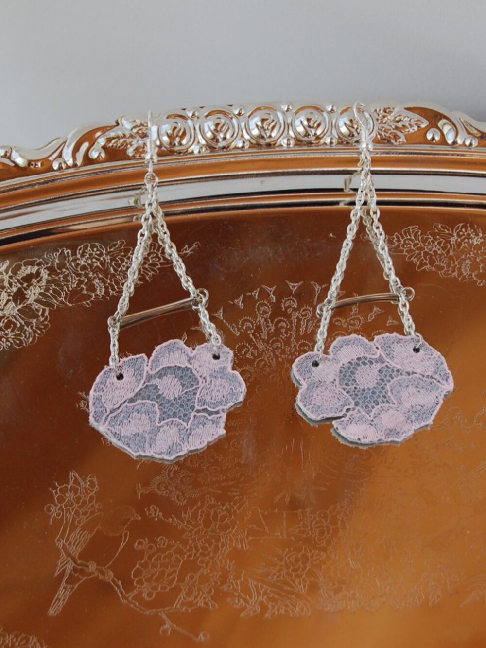 Handmade | Delicate floral earrings | Vintage floral light pink lace on leather